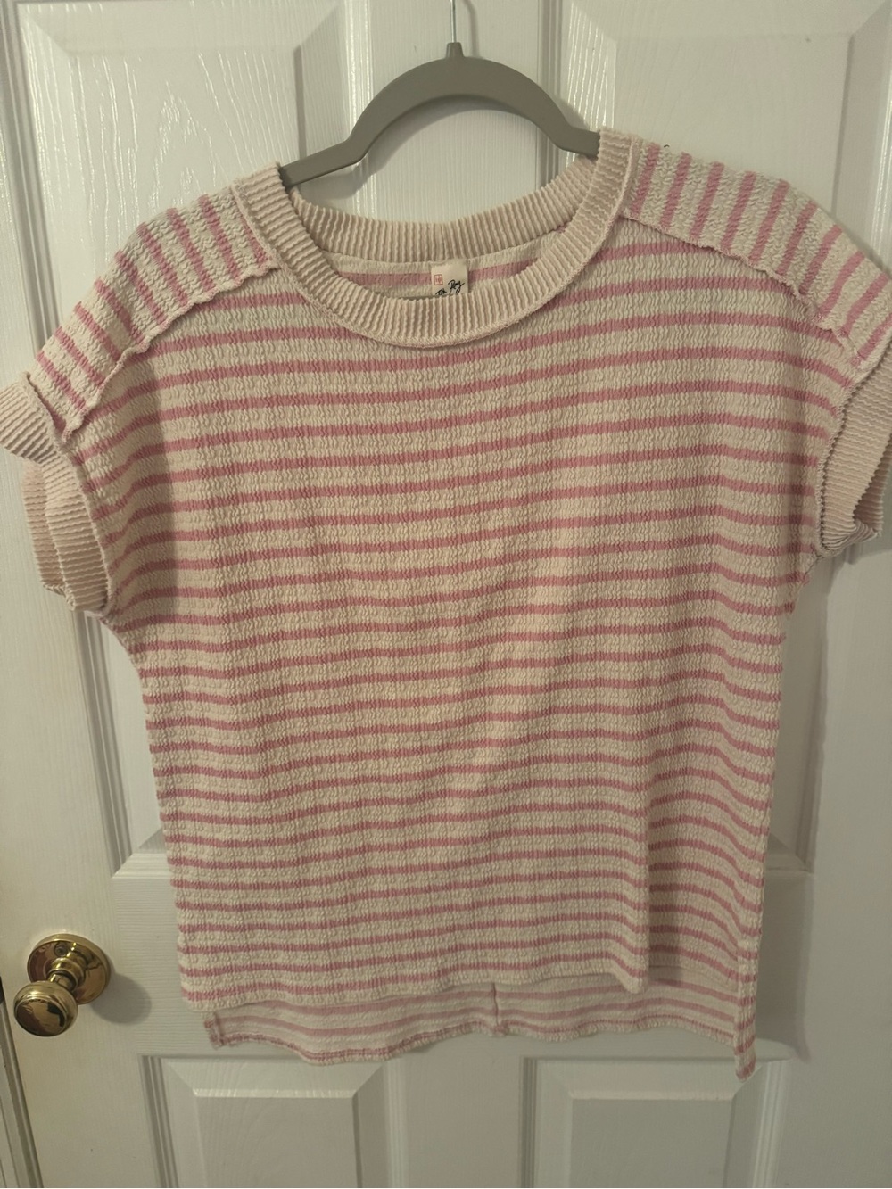 7th Ray Cream and Pink Striped Knit Short Sleeve Top